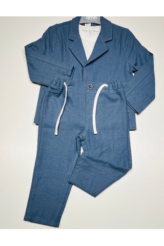 Ceketli 3 Lü Erkek Çocuk Lacivert Takım Elbise Keten Pamuk Karışımlı Ceket Pantalon Tişört Lacivert