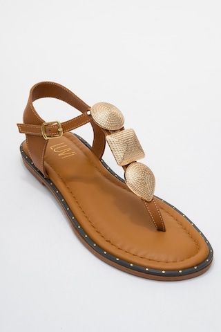 Luvishoes Luvi Shoes Helen Taba Hakiki Deri Parmak Arası Gold Tokalı Kadın Sandalet Taba