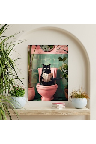"tuvalette Gazete Okuyan Siyah Kedi Duvar Posteri Eğlenceli Dekoratif Tasarım-çerçevesiz
