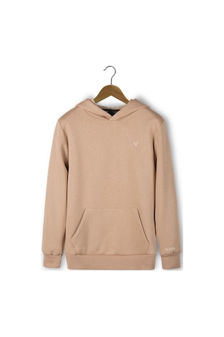 Unisex Kahve Göğsü Ve Kolu Baskılı Kalın Üç Iplik Şardonlu Kapüşonlu Hoodie Sweatshirt Kahve