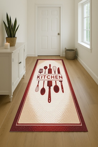 Turkıshrug Kıngdom Bordo Kitchen Yazılı Mutfak Halısı Dijital Baskılı, Kolay Temizlenir Çok Renkli