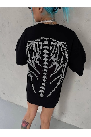 Novalisse Kadın Baskılı Bisiklet Yaka T-shirt - Siyah Çoklu Renk
