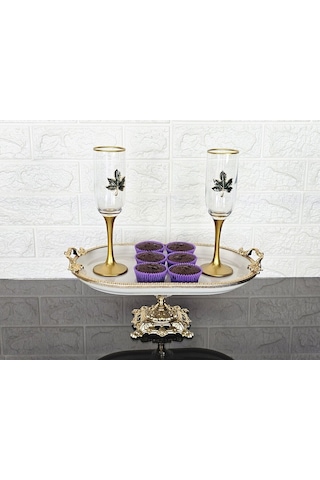 Porselen Büyük Sade Kayık Sunumluk Döküm Gold Çerçeveli Ve Ayaklı 33 Cm Beyaz