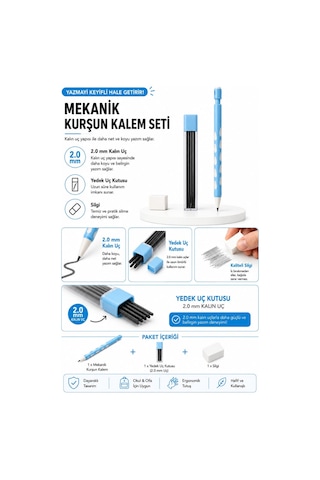 2.0 Mm Uç Ve Silgi Hediyeli 2.0 Mm Uçlu Kalem Seti 1 Adet Mavi