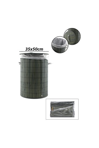 Gri Yuvarlak 35x50cm Bambu Ahşap Kirli Çamaşır Sepeti Seyyar Kapaklı Kumaş Çantalı İp Kulplu Bx40 Çok Renkli