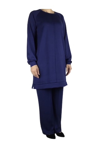 Kadın Tunik Önü Dikişli Altı Bantlı Pantolon Beli Lastikli Önü Dikişli İkili Takım Lacivert