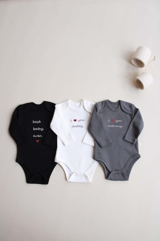 Ohlalakoala 3lü Nakışlı Çıt Çıtlı Uzun Kollu Body Zıbın Set Model 7 Siyah-antrasit-beyaz