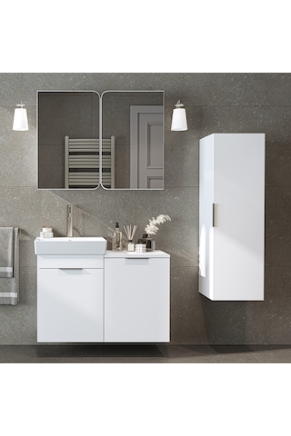 Dubai Mdflam Sepetli Banyo Dolabı Seti, Lavabolu Alt Dolap + Aynalı Banyo Üst Dolabı + Boy Dolabı Beyaz