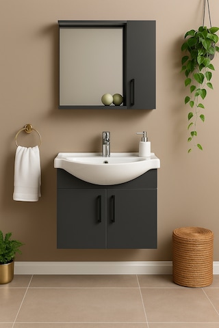 Lacrime 65 Cm Antrasit Renkli Mdf, Oval Seramik Lavabolu, Alt Ve Antrasit
