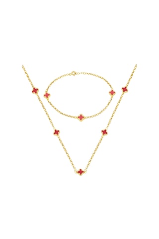 Bilezikci Kırmızı Yoncalı 14 Ayar Altın Kolye Bileklikli Set