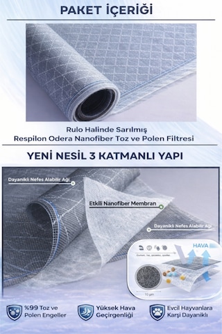 Respilon- Odera Yeni Nesil Sineklik - 70x140cm - 3 Katmanlı Toz Polen Alerjen Pencere Filtresi diğer