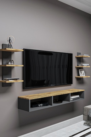 Dekoratif Raflı Tv Ünitesi,beyaz-atlantik Çam,portatif Minifix Kurulum Beyaz - Atlantik Çam