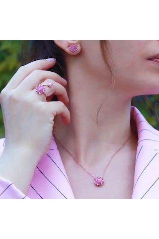 Pembe Kuvars Taşlı Lotus Çiçcekli Gümüş Set Gümüş