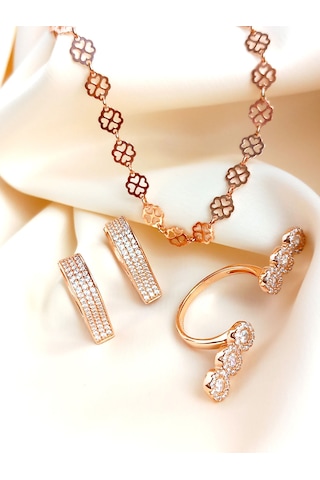 925 Ayar Gümüş Işıltılı Sıralı Kalpler Tasarım Gold Kolye Küpe Özel Tasarım Yüzük Kadın Set Rose Gold - Gümüş