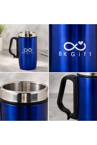 Logonuza Özel 5 Adet 5304 Çelik Kupa 240 Ml Kilitli Kapaklı Kurumsal Termos Mug Mavi