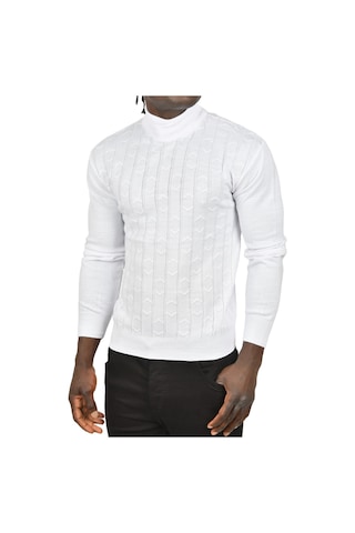 Deepsea Erkek Beyaz Çizgi Desenli Tüylenme Yapmayan Yarım Balıkçı Yaka Triko Kazak 2505501 Beyaz