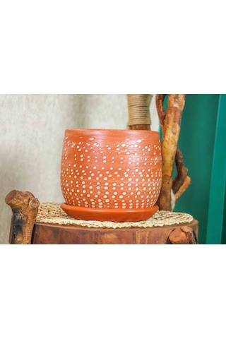 Bitki Tasarımı Ev Dekorasyon  Beyaz Nokta Desenli Doğal Tabaklı Terracota Toprak Saksı Saksılık Salon Çiçeklik 19 CM