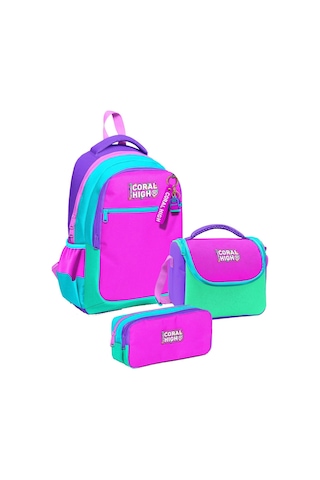 Coral High Üç Gözlü Pembe Yeşil Çok Renkli, Kız Çocuk, İlkokul Üçlü Okul Çanta Seti Çok Renkli