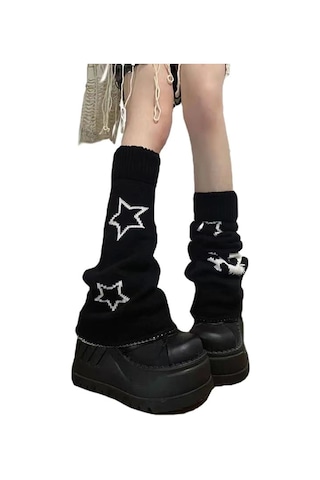 Geeroyoo İki Yönlü Giyilebilir Yıldız Desenli Polyester Dokuma Isı Sağlayan Bilek Çorabı - Siyah Beyaz Kâbus Desenli Siyah