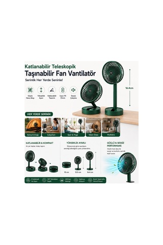Şarjlı Katlanabilir Masaüstü Vantilatör, Yeşil, Yükseklik Ayarlı, 3 Kademeli Hız, Usb Şarjlı, Sessiz Taşınabilir Mini Fan Beyaz - 888190452