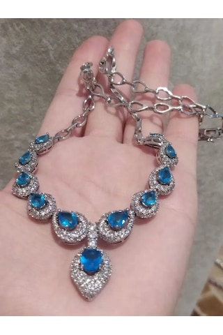 925 Gümüş Mavi Topaz Tasarım Kolye 313 Gümüş