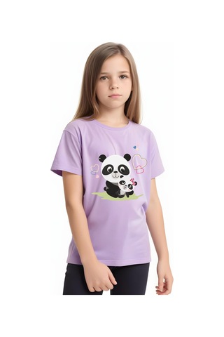 Panios Kids Mother Panda Baskılı Kız Çocuk Kısa Kollu T-shirt Lila