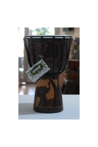 Ahşap Djembe, 30 Cm, Mahoni Ağacı Ve Keçi Derisi, Otantik Çalgı, Model 006, Fil Figürlü, Dekoratif Davul