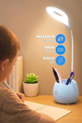 Şarjlı Masa Lambası Işık Ayarlanabilir Kalemlik Telefon Stand Ders Çalışma Okuma Işığı 0620 Turkuaz Turkuaz