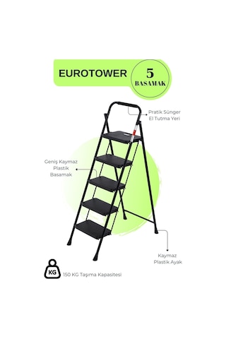 Eurotower 5 Basamak Özel Tasarım Geniş Basamaklı Siyah Merdiven 3+1