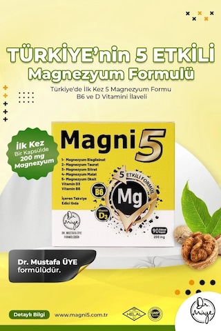 Magni5 Magnezyum 5 Etkili Form 12 Aylık 360 Kapsül B6 D3 Vitamini Bisglisinat Malat Taurat Sitrat Oksit