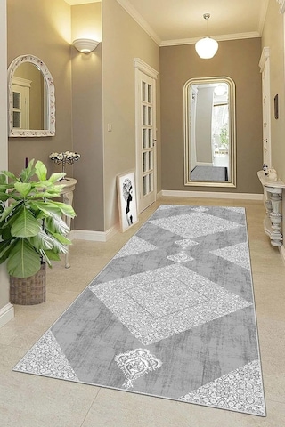 Pelangi Geometrik Karo Desenli Dijital Baskı Yıkanabilir Kaymaz Taban Modern Salon Halısı Ve Yolluk, Gri 60 X 200, 9 Çok Renkli