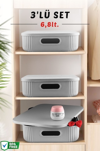 3'lü Set Çok Amaçlı Düzenleyici Depolama Kutusu Gri 6,8lt