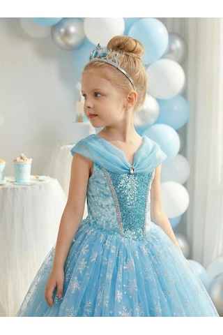 Butikhappykids Kız Çocuk Kostüm Mavi Elsa Frozen Düşük Omuz Detaylı Kasnaklı Kabarık Elsa Kostüm 3-8 Yaş Taç Hediyeli Mavi