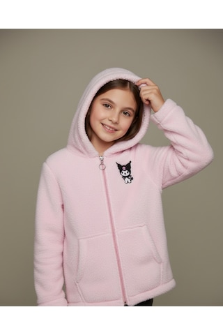 Kuromi Nakışlı Pembe Pelüş Kapüşonlu Kız Çocuk Hırka Açık Pembe