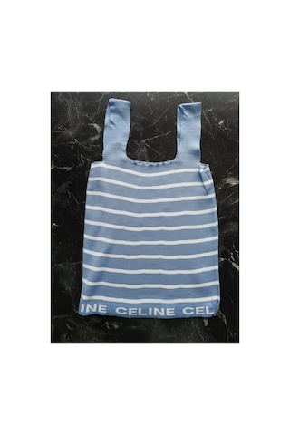 Pazarız Mavi Beyaz Çizgili Kare Yaka Atlet Triko Bluz Crop S / M / L Beden Uyumlu Mavi Beyaz Çizgili