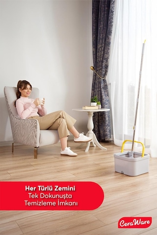 Ceraware Temiz İle Kirli Suyu Ayıran Kare Mop +2 Yedek Bez Hediyeli Otomatik Hijyen Temizlik Seti