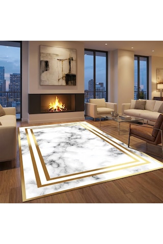 Beyaz Altın Mermer Desenli Halı Dijital Baskılı Kaymaz Tabanlı Salon Halısı Dijital Baskı Halı 7 Mm