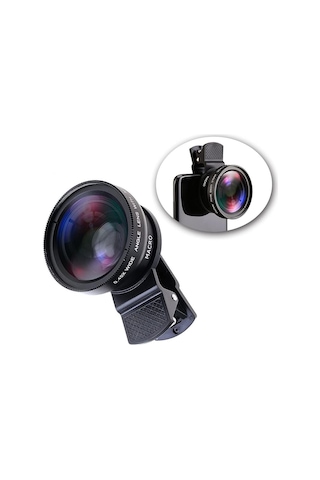 2 Si 1 Arada Klipsli Telefon Kamera Lensi 0.45x Ultra Geniş Açı 10x Makro 37mm Evrensel 49mm Uv Port Siyah Siyah