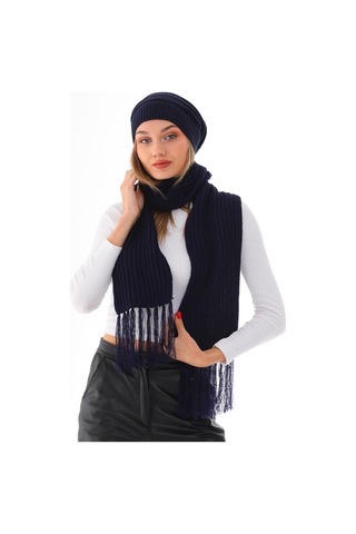 Kadın Ipli Bere Lacivert Selanik Örgü Atkı Takım Lacivert