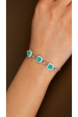 Paraiba Taşlı Rodyum Kare Anturaj Gümüş Bileklik