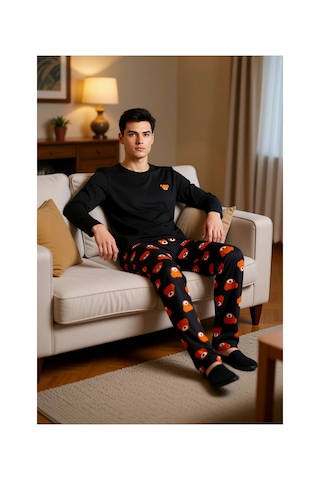 Ersefa Ayıcık Desenli Bisiklet Yaka Uzun Kollu Pijama Seti Unisex Fonksi Siyah