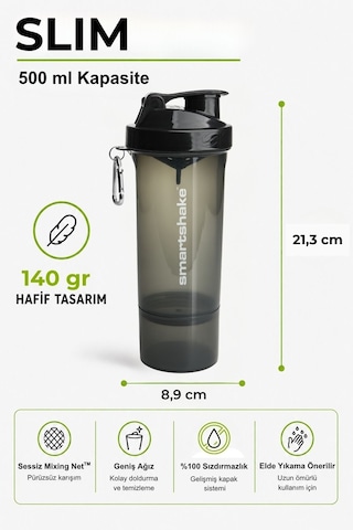 Smartshake Slim Serisi 500 Ml Siyah Protein Shaker