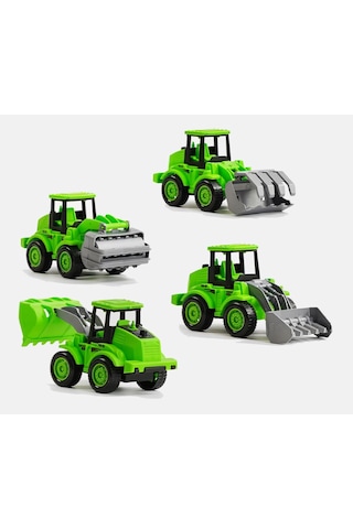 Çocuklar İçin Eğlenceli 4 Lü İş Makinesi Oyuncak Seti Kepçe Ekskavatör Dozer Ve Taşıyıcı Bir Arada Yeşil