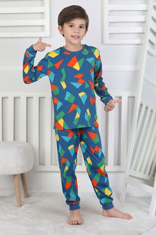 Zuzunga Renkli Geometrik Şekilli Erkek Çocuk Pijama Takımı Lacivert