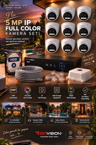 Go Vision 9'lu Güvenlik Dome Bullet Ip Kamera Seti - 3.6mm Lens, H.265, Poe, Warm Led Gece Görüşlü