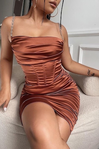 Fashion Cocktail Kalın Kumaşlı Parıltı Askılı Diz Hizası Dar Abiye Düğün Kokteyl Elbise Kiremit Kiremit