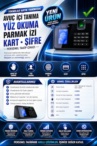Avuç Okuma-yüz Okuma-parmak İzi Okuma Ve Kartlı Personel Kontrol Cihazı -giriş-çıkış Yazılımı Ve 15 Kart Hediye