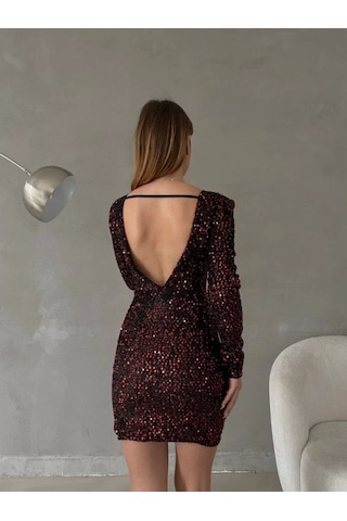 Kadın Uzun Kollu Vatka Detay Full Pul Payet Mini Elbise Kırmızı