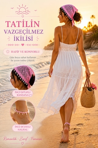 Kadın El Örgüsü Üçgen Bandana Halhal Ayak Bilekliği Hediyeli Bohem Yazlık Saç Bandanası Plaj Tatil Festival Aksesuarı Pembe