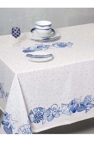 Cotton Box Pano Baskılı Masa Örtüsü Cowry Mavi 170x170